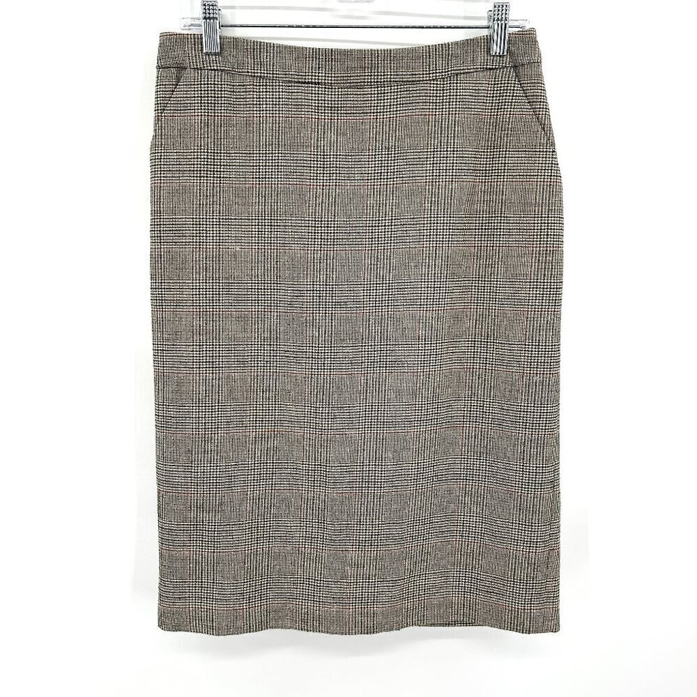 CHAIKEN Gray Black Red Wool Houndstooth Plaid Midi Straight Pencil Skirt Size 6